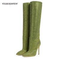 2021 new hot autumn winter rhinestone boots sexy thin heel starry half bootie slip on catwalk amazing bota for women pink green