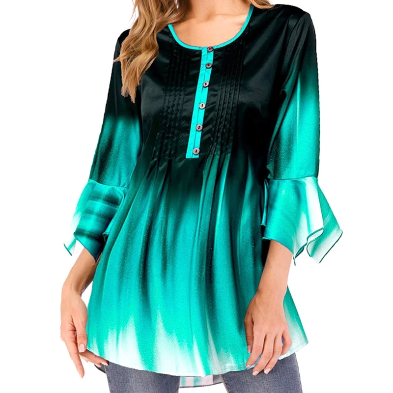 Женская футболка градиентного цвета топы с круглым вырезом пуговицами и длинным