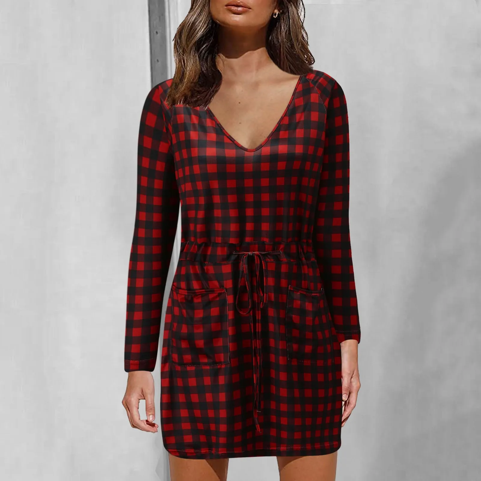 

JAYCOSIN Long Sleeve V-neck Spring Summer Bodycon Dress Casual Sundress Fashion Print Pockets Drawstring Elegant Short Dress