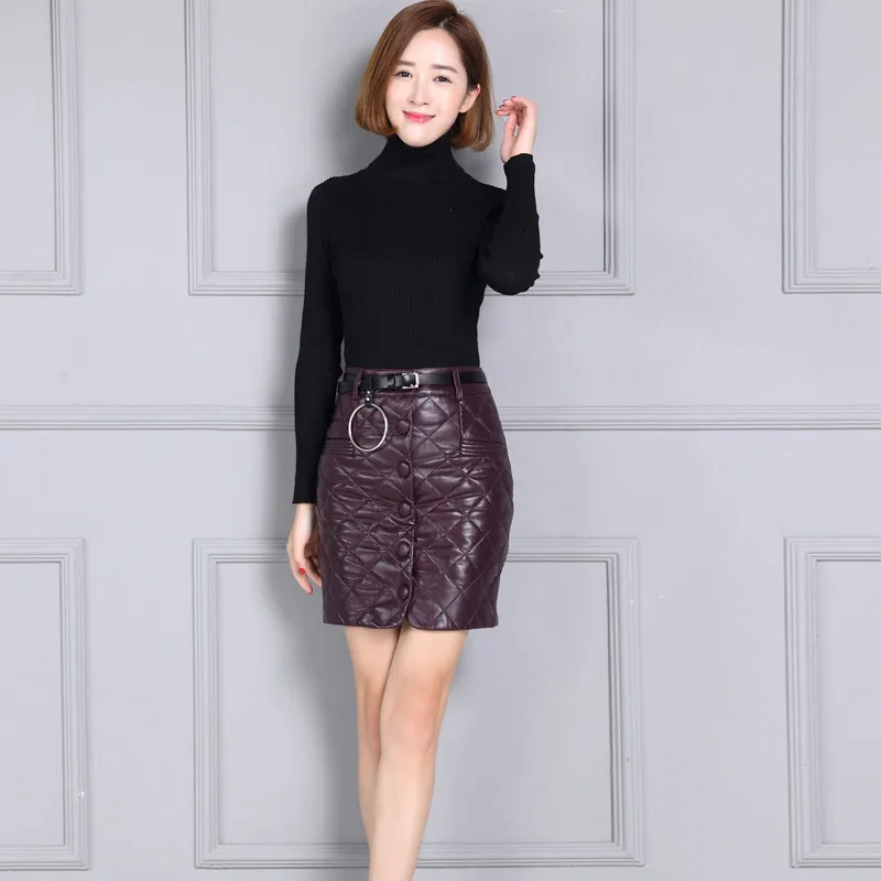

Brand Womens High Waist 100% Real Leather Down Skirt Fashion Office Button Wrap Skirt Plus Size Winter Elegant Knee Length Skirt