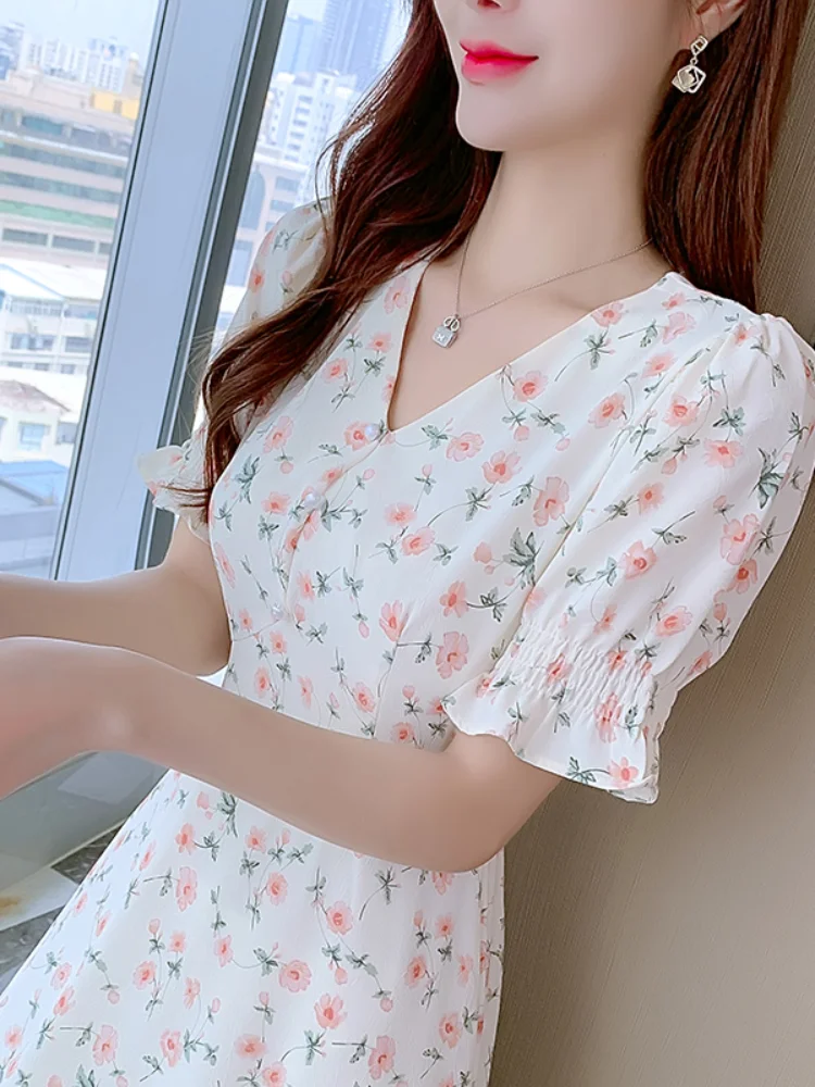 

Chiffon Loose Plus Size Women's Dress New Casual Dresses Mid-length Flowers Fashion Short-sleeved V-neck Summer Houthion