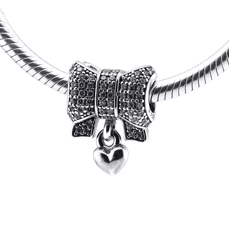 

Fit Europe Bracelet Heart & Bow Charm Clear CZ Bead 925 Original Sterling Silver Charms Beads for Jewelry Making Kralen