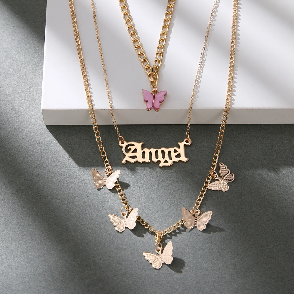 2021 Vintage Multilayer Acrylic Butterfly Choker Necklace Fashion Women Letter Golden Chain Layered Necklace Jewelry Party Gift