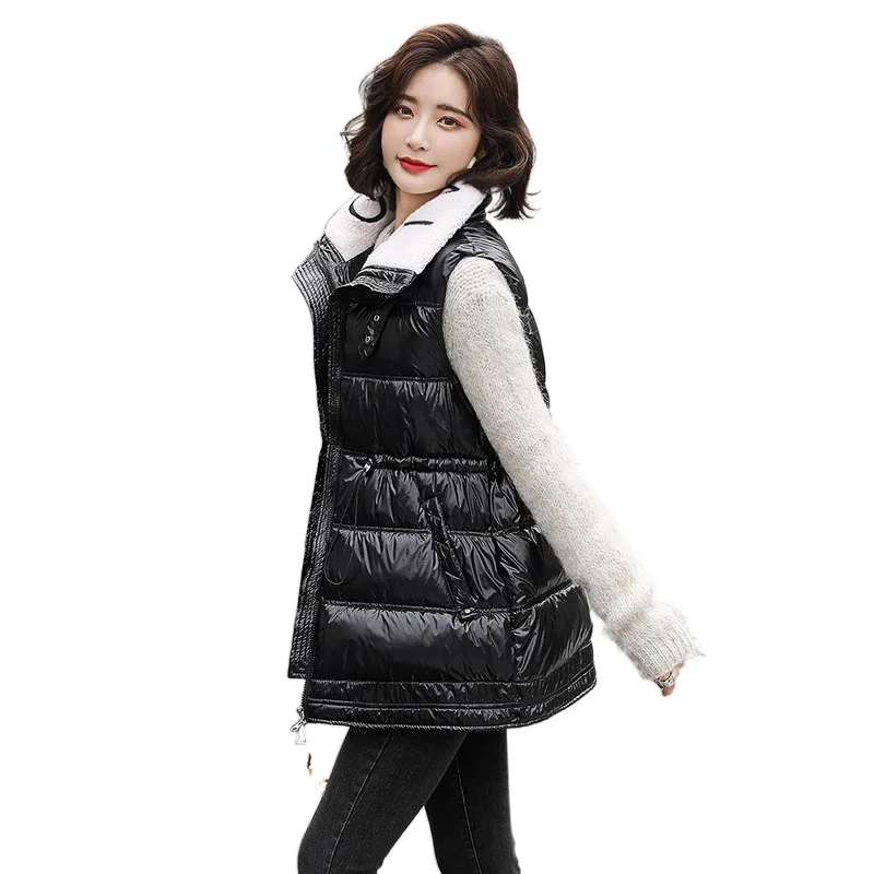 

2021 New Down Cotton Waistcoat Autumn/Winter Women Fashion Glossy Stand Collar Thicken Warm Waist Drawstring Female Vest Jacket