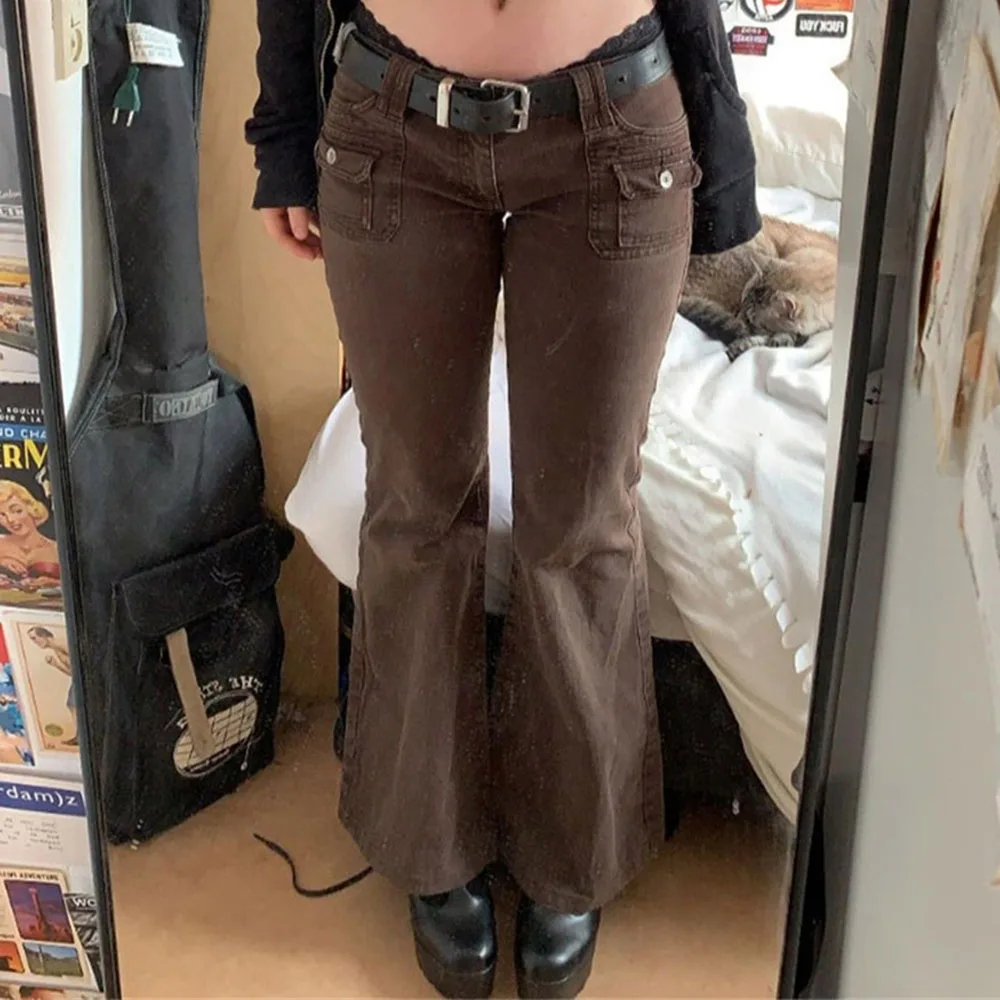 

Vintage Cyber Brown Flare Jeans Pockets Women Autumn Winter New 90s Hippie Pants Kpop Mom Baggy Streetwear Ins Trousers