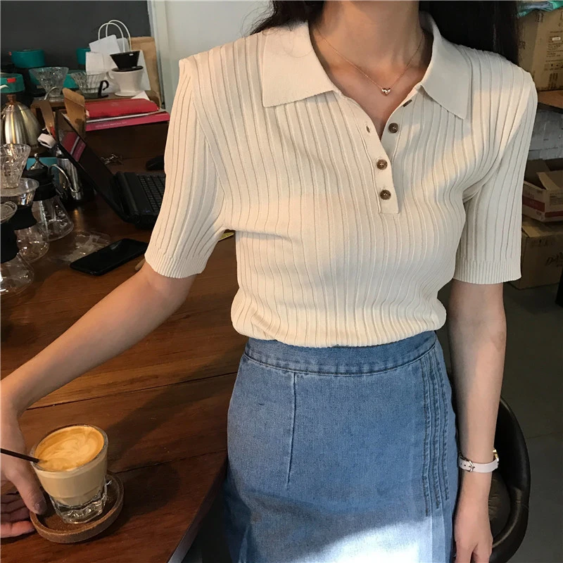 

Women Knitted Striped Summer Tops Harajuku Korean Short Sleeve Shirts Casual Vintage Turn Down Collar Buttons Tshirts Streetwear