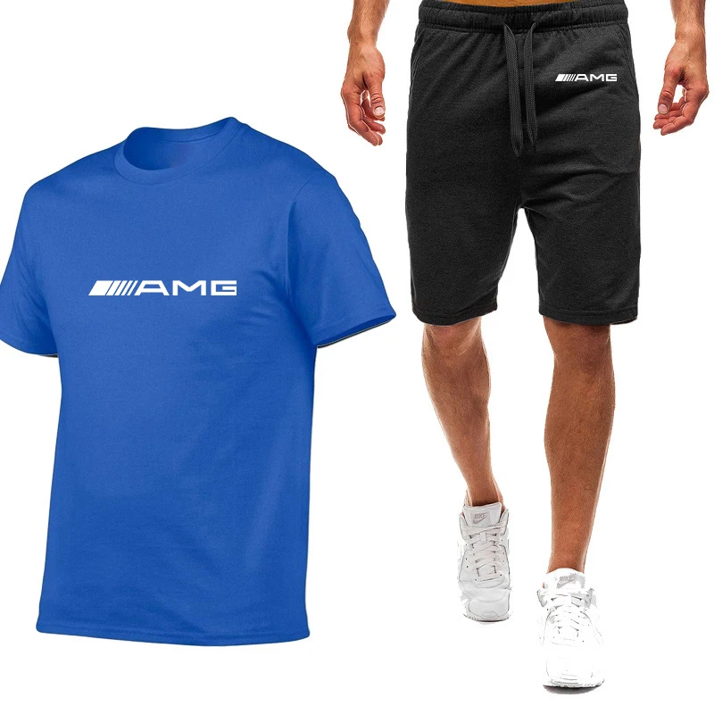 

2021 Classic Men's AMG Sportswear Fashion T-shirt Shorts Summer Men's Suit Men Printed Short Sleeve + Casual Pants Outfit Set