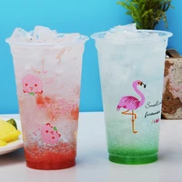 50pcs 90 caliber flamingo peach pattern disposable cold drink plastic cup summer juice milk tea beverage packaging cup with lid