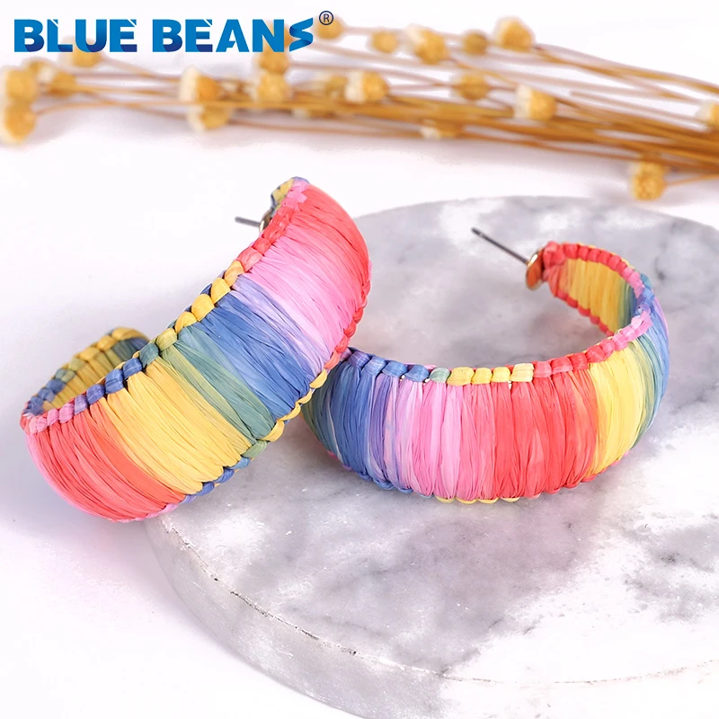 Богемные большие красочные серьги из искусственной рафии для женщин модные