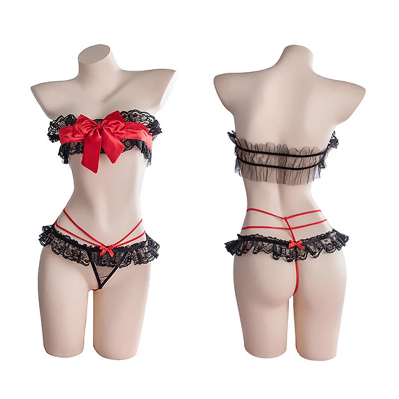 

Sexy Women Red Bowknot Lace Strapless Camisoles Intimates Reffles Underwear Punk Lolita Devil Girl Cosplay Lingerie Bikini Set