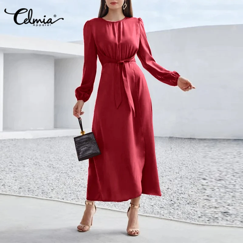 

Celmia Satin Round Neck Maxi Dress Puff Long Sleeve Casual Party Dress Elegant Bandage Vestidos Fashion Women Office Long Robes