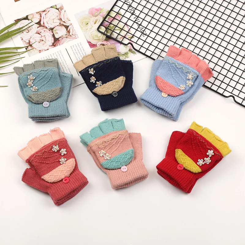 

Autumn and Winter Warm Ladies Flip Cover Gloves Indoor Office Outdoor Sports Leisure Fashion Flower Beads Half Finger Gloves