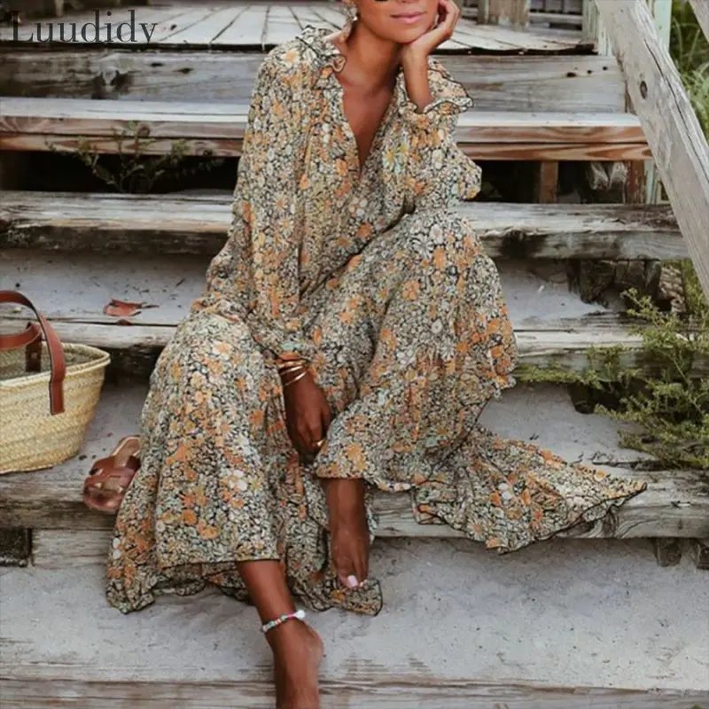 Женское пляжное платье макси летнее с v образным вырезом высокой талией и длинным