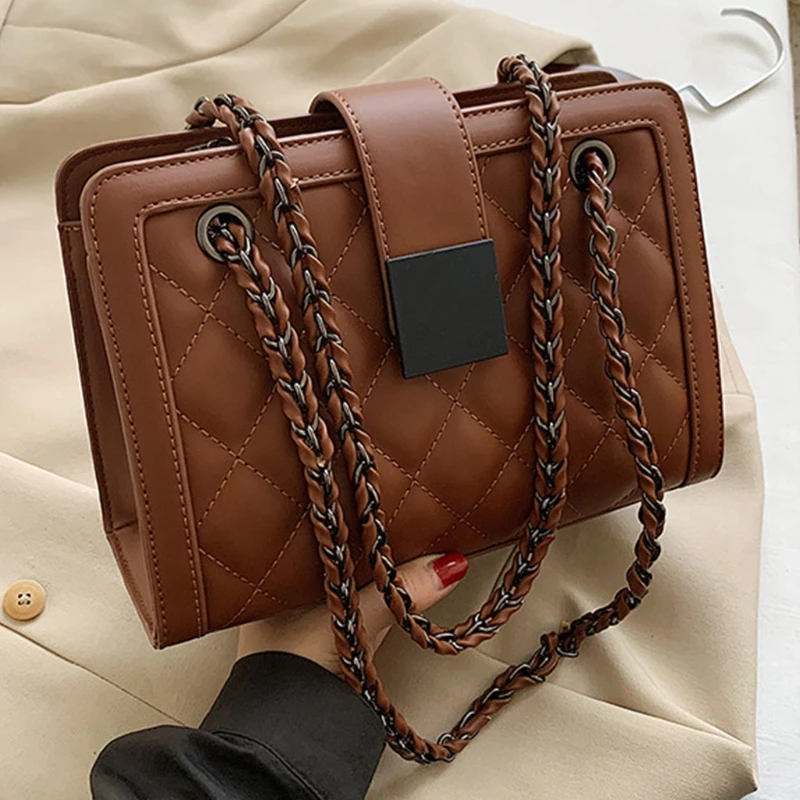 

Q1FA Women Imitation Leather Quilted Crossbody Bag with Chain Strap Diamond Lattice Pineapple Pattern Satchel Shoulder Messenger