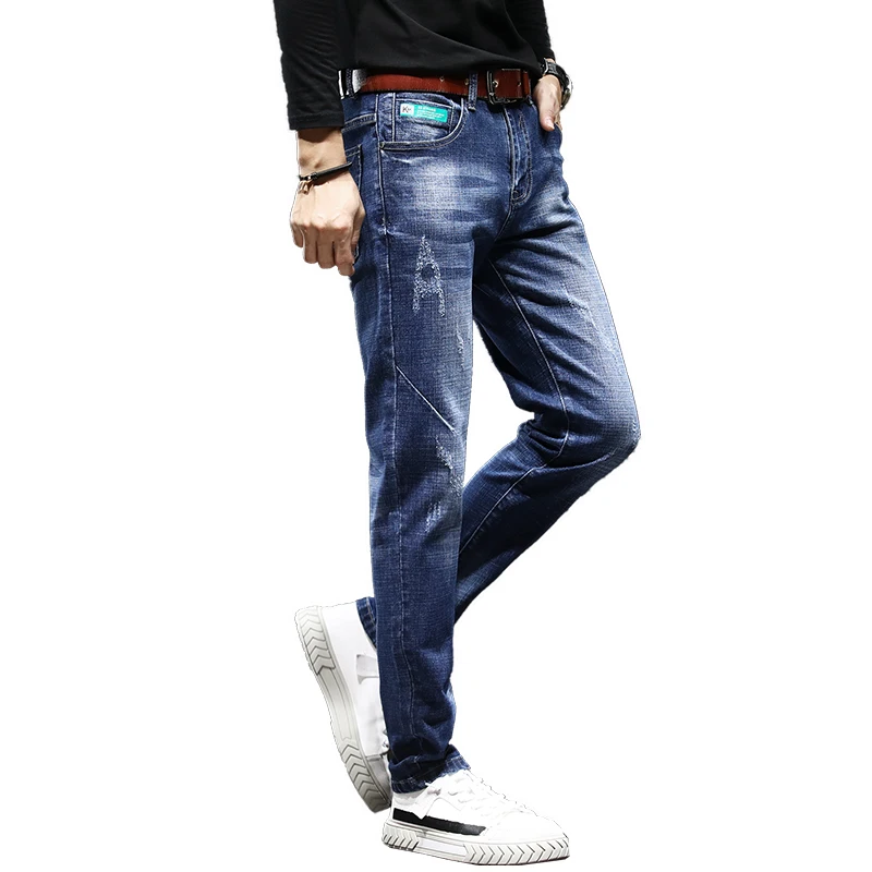 

Autumn Men Jeans Solid Color Micro-elastic Classic Jeans Slim Fit Blue Denim Pants Long Trousers