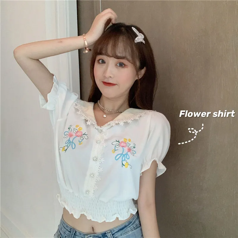 

summer Korean crop top floral sweet style Women's Clothing puff sleeve chiffon shirts fashion brand ladies tops white new