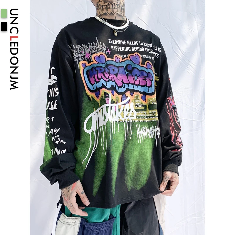 UNCLEDONJM футболки с принтом граффити для мужчин и женщин 2019AW длинный рукав повседневные хлопковые топы футболки Harajuku уличная хип хоп Футболка R06