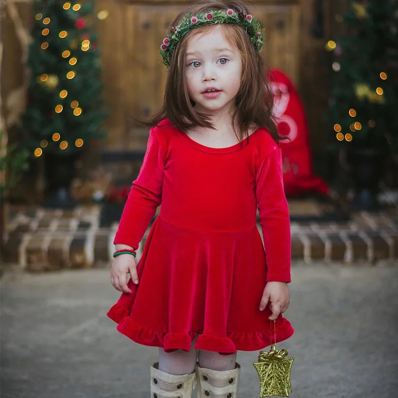 Рождественское платье для девочек детское вельветовое с длинным рукавом