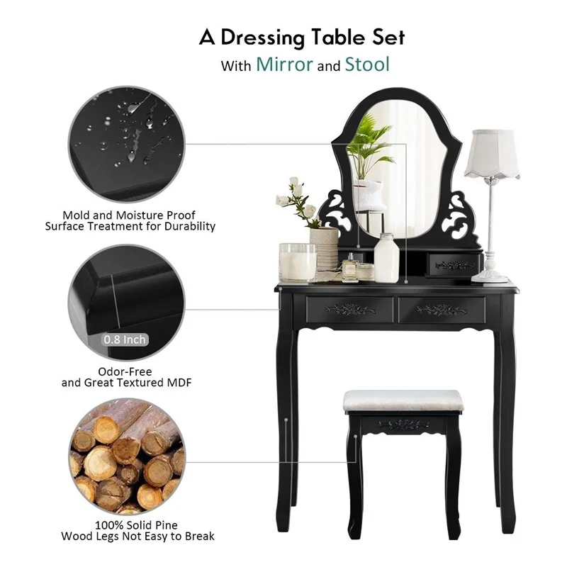 Набор табуретов для туалетного столика из соснового дерева с зеркалом 4