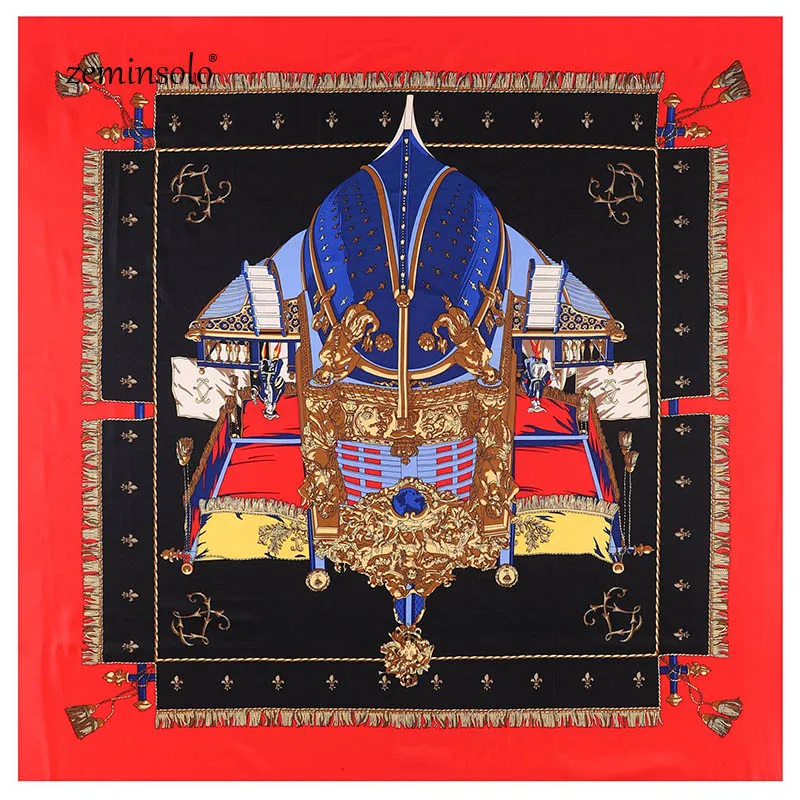 Zeminsolo, саржевый Шелковый женский шарф, бандана, 130*130 см, с принтом, квадратные шарфы, палантины, роскошный бренд, подарок, модные большие шелковые шали - Цвет: Красный