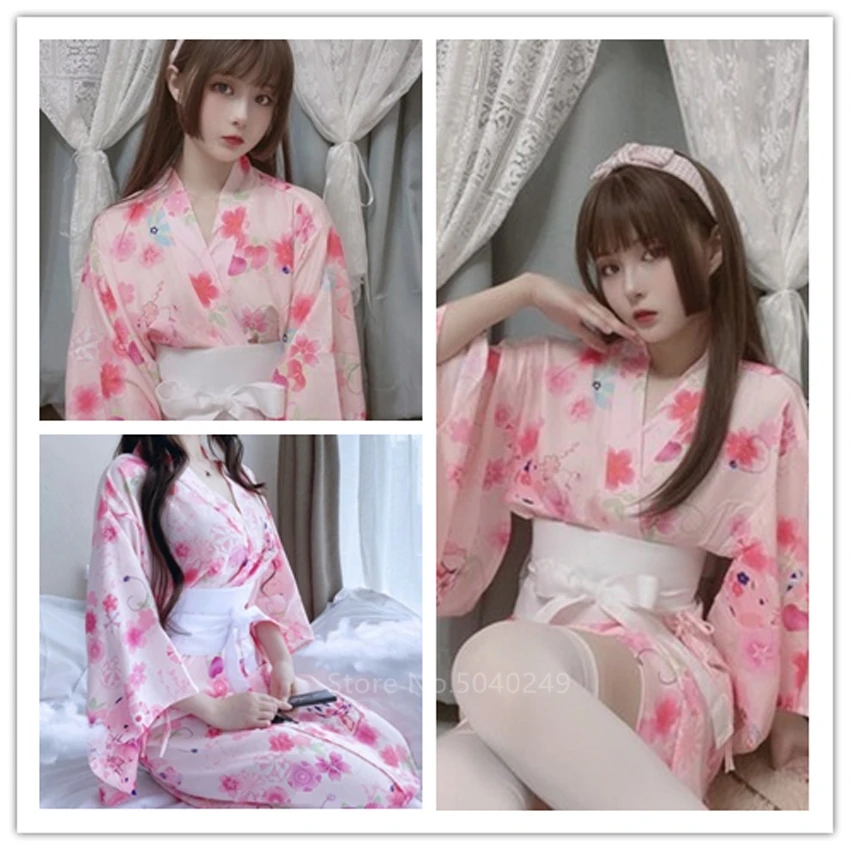 

Sakura Girl Kimono Dress Woman Japanese Bow-knot Obi Pink Haori Vintage Yukata Bathrobe Sexy Geisha Cosplay Geta Asian Party