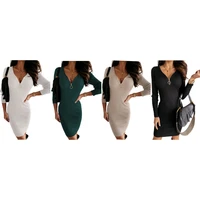 polyester women v neck dress zipper long sleeve slim fit ribbed midi dress fall solid knit dress for winter ladies party spring