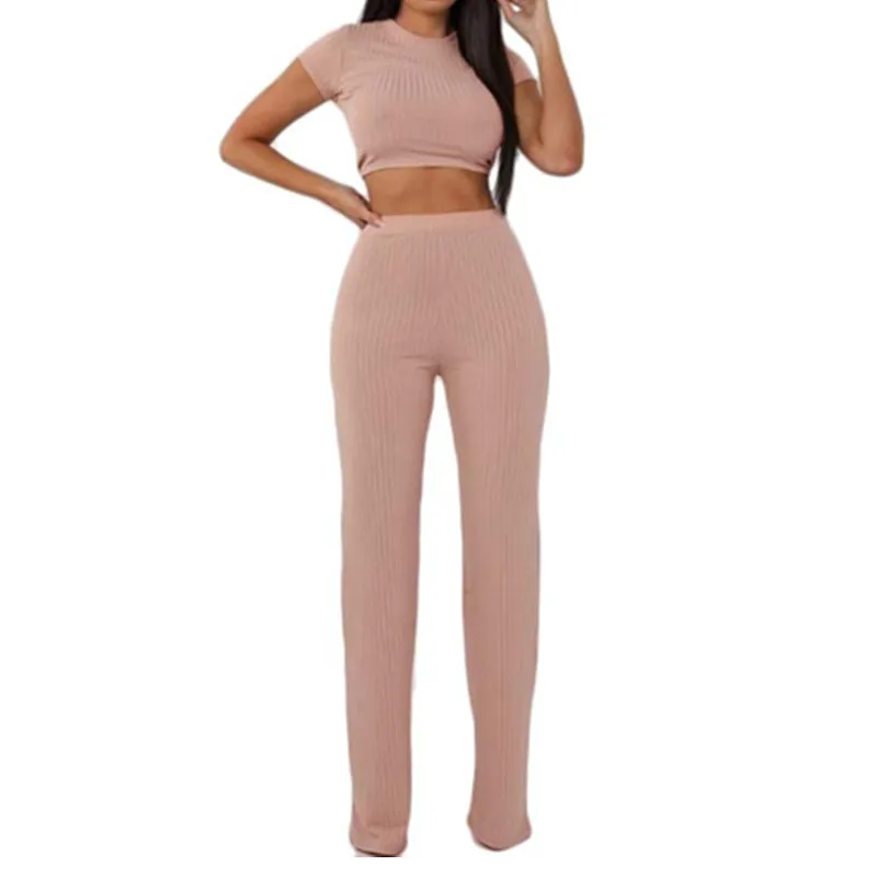 

2 Two Piece Set Women Ribbed O Neck Crop Top And Long Pants Set Sexy Autumn Short Sleeve Tracksuit Women Feminino 2021