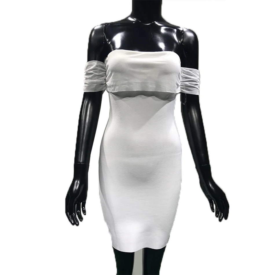 

SLADUO New Women White Sexy Fashion Off-Shoulder One Word Collar Bandage Dress Bag Hip Elegant Party Evening Dress 2021 Summer