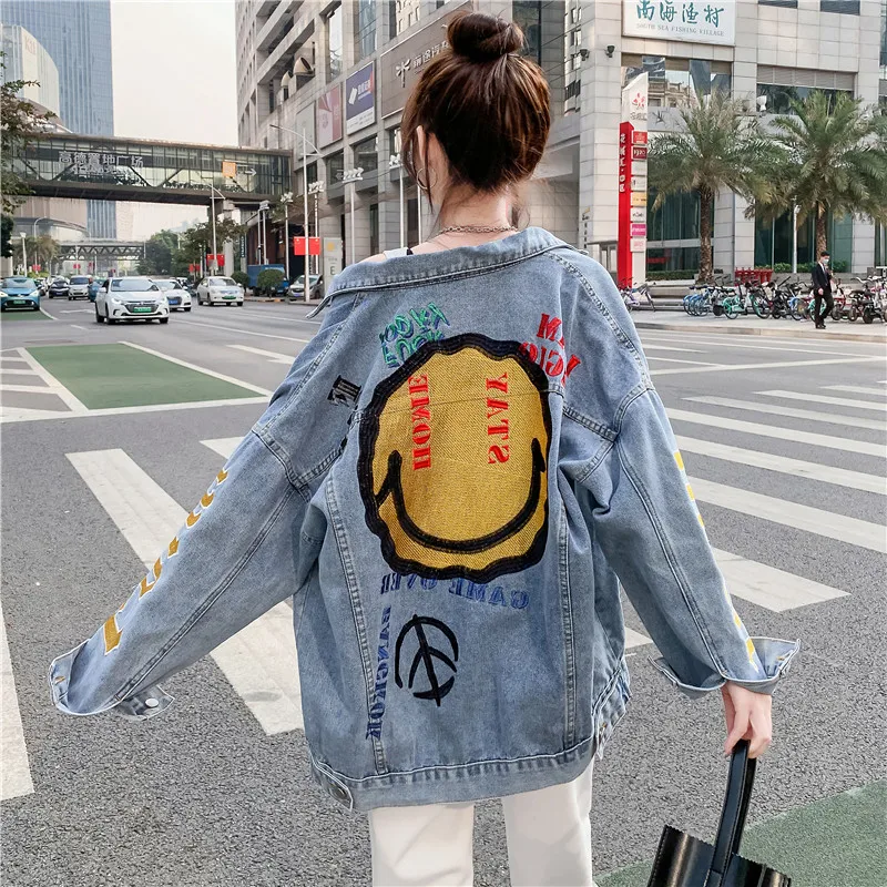 

Sequined Denim Jacket Street Style Fashion Lapel Long Sleeve Printed Women's Harajuku Loose Jacket 2021 New Women's Clothing