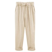 40hot solid color cotton linen cropped trousers loose women drawstring harem pants