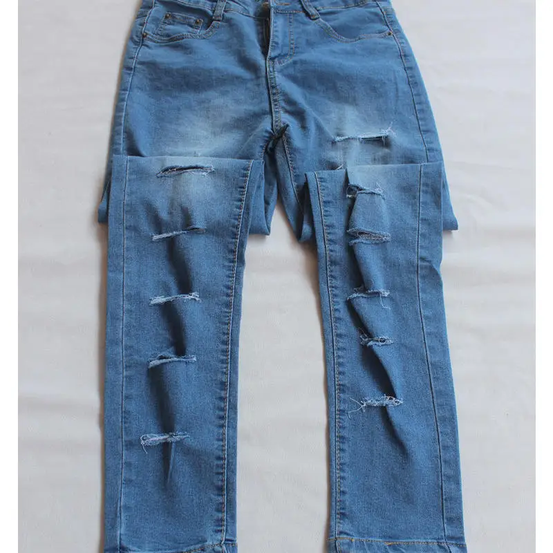 

Womens Spring Summer Lightweight Casual Skinny High Waist Ripped Holes Trousers Stretchy With Pockets Long Length Denim Jeans