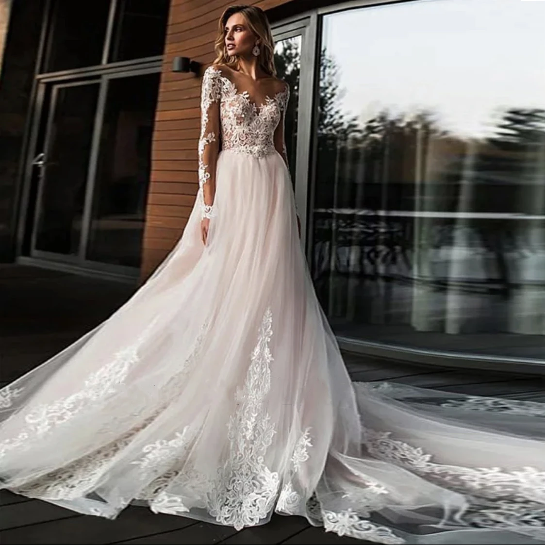 

Gorgeous Wedding Dress 2021 A-Line Sheer Neck Long Sleeve Lace Appliques Button Tulle Sweep Train Bridal Gown Vestidos De Noiva