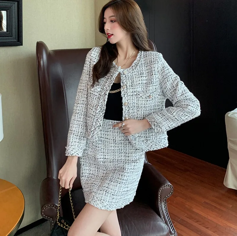 

Женский комплект из 2 предметов, шерстяной твидовый пиджак и облегающая мини-юбка, Осень-зима 2021