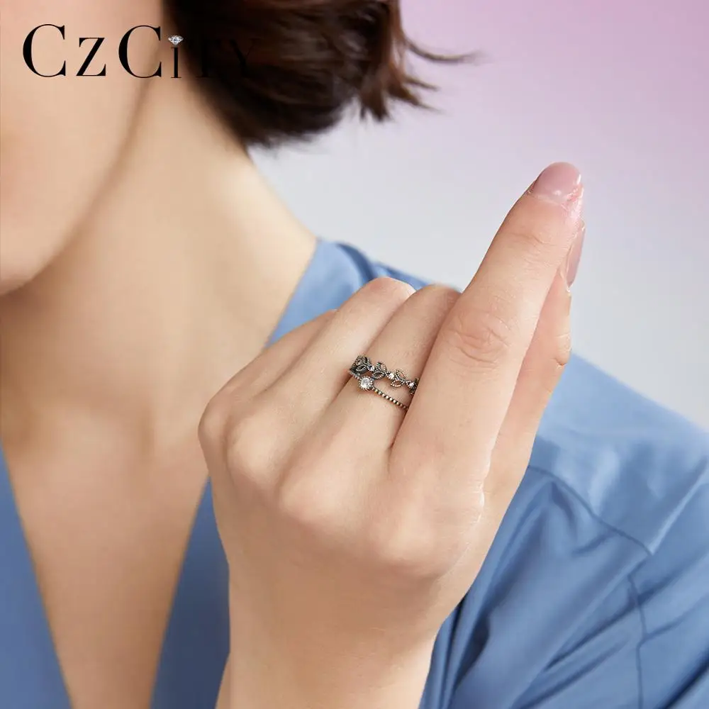 CZCITY Необычные 925 пробы серебряные женские Очаровательные Полые дизайнерские Открытые Кольца S925 этнические модные ювелирные изделия