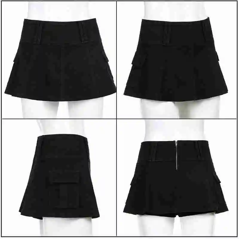 

Low Waist Black Denim Micro Skirts Y2K Streetwear Pockets Patchwork A-line Corduroy Pleated Skirt E-girl Outfits Zipper Sweet