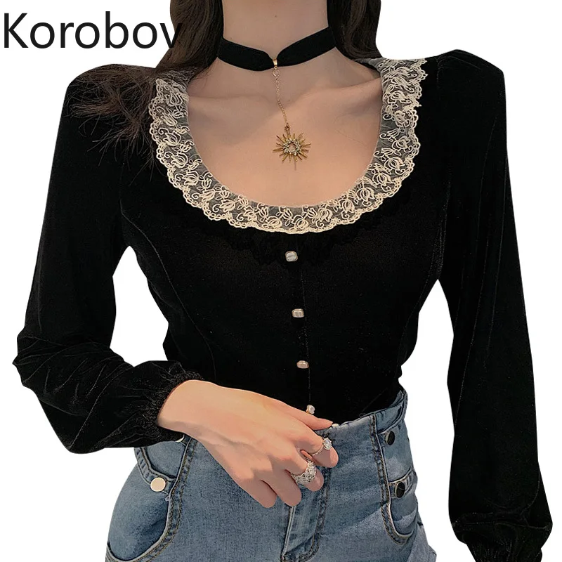Корейская женская блузка с длинным рукавом винтажная кружевная черная