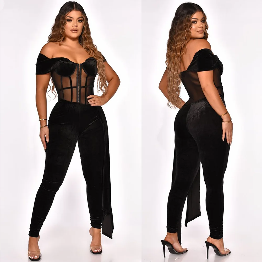 

Casaul Women Jumpsuit Sheer Mesh Party Night Clubwear Slash Neck Streetwear Long Romper Women Jumpsuit Overalls