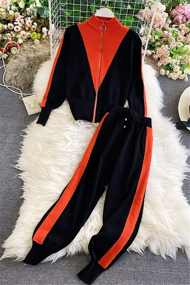 

Trendy Leisure 2 Piece Sweater Pants Sets For Women Fall Winter Stand Collar Knit Jacket With Zipper + Trousers Tracksuit y826