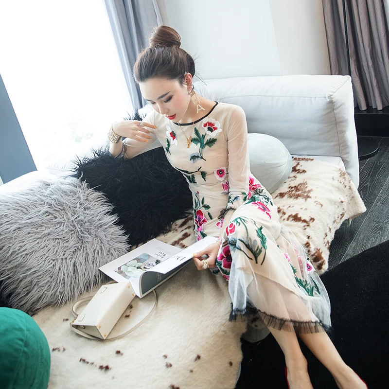 

Vintage Retro Dress 2020 Spring Party Club Women Charming Flower Patterns 3/4 Sleeve Mid-Calf Length Sexy Tulle Mesh Dress XL