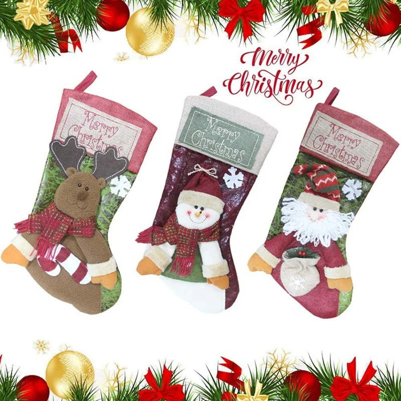 

3Pcs Santa Snowman Reindeer Xmas Fireplace Hanging Stockings Decoration Stockings Christmas Decoration 46X27cm