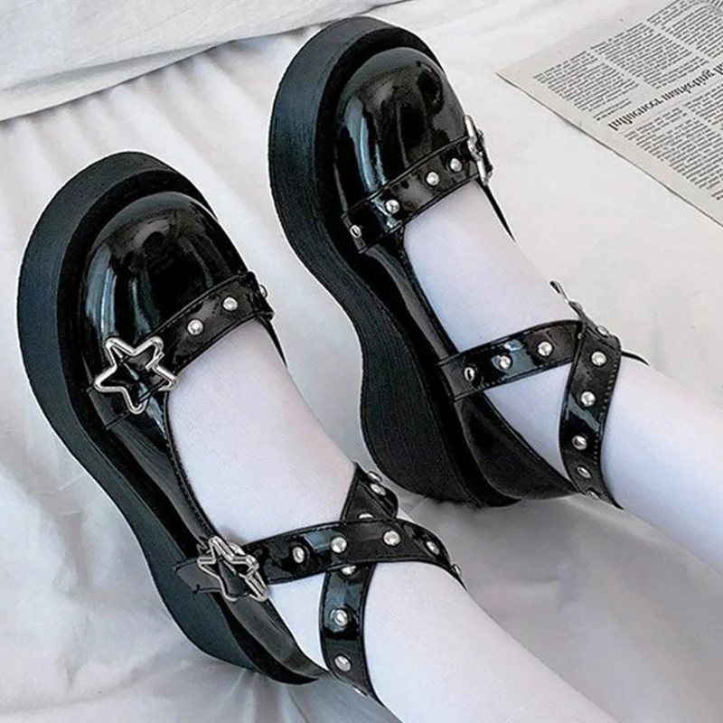

Lolita Shoes Women Leather Platform Shoes Casual Buckle Mary Janes Shoes Ladies Cross-tied Wedge Ballet Flats Mocassin Femme
