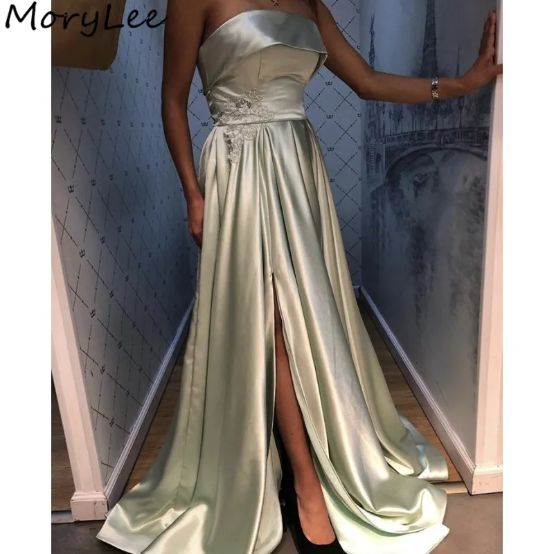 

Prom Dresses Newest Strapless Sleeveless A-Line Satin Pleated Crystal Prom Dresses With Zipper Back vestidos de fiesta de noche