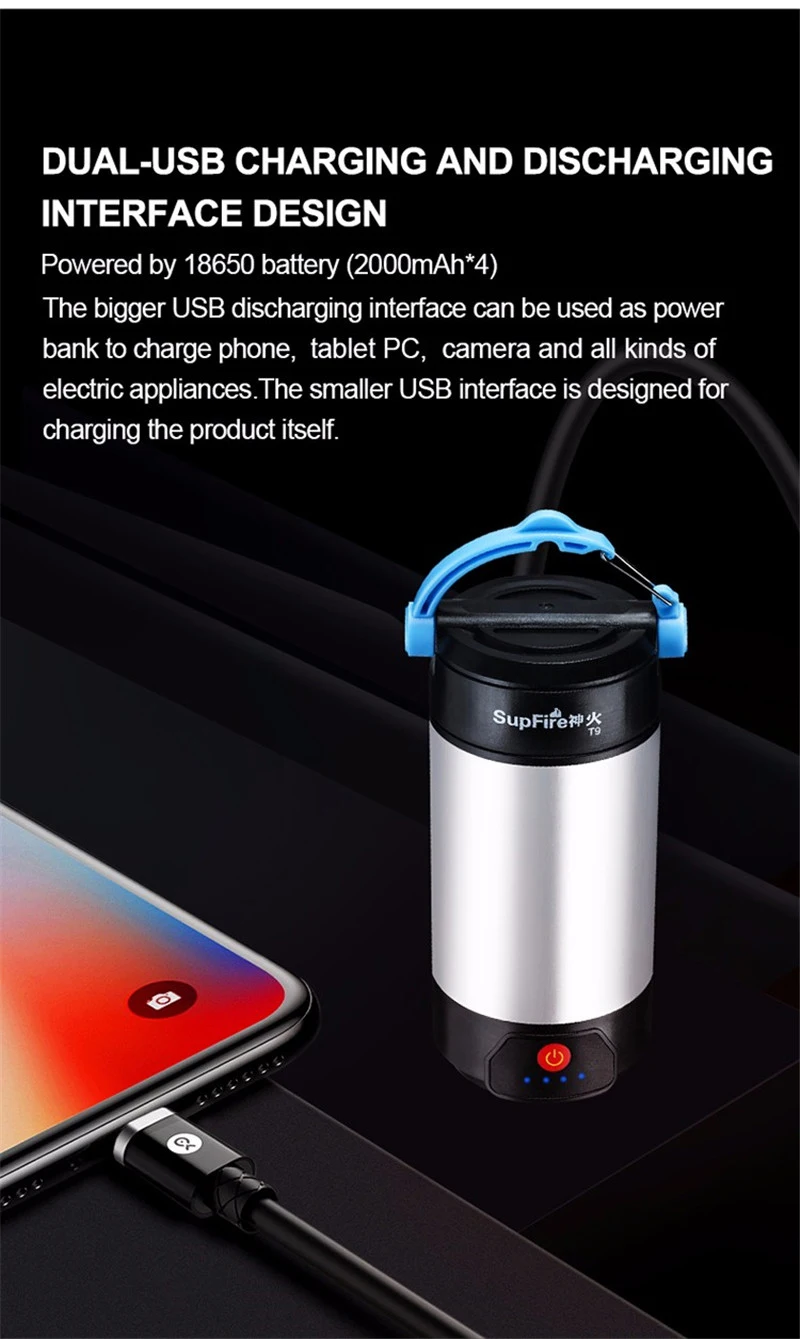 Supfire T9 походный светильник светодиодный флэш-светильник 1000lm Linterna тент вспышка светильник 8000mAh power Bank для Fenix Sofirn Convoy Nitecore