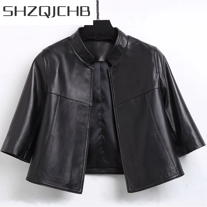 

JCHB 2021 Autumn New Women Half Sleeve Short 100% Sheepskin Jacket Fashion Office Ladies Stand Collar Slim Fit Genuine Leather J