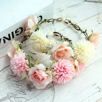 korean garland sweet pink flower crown mori rose rattan bridal head wreath women hairband tiara beach wedding party accessories