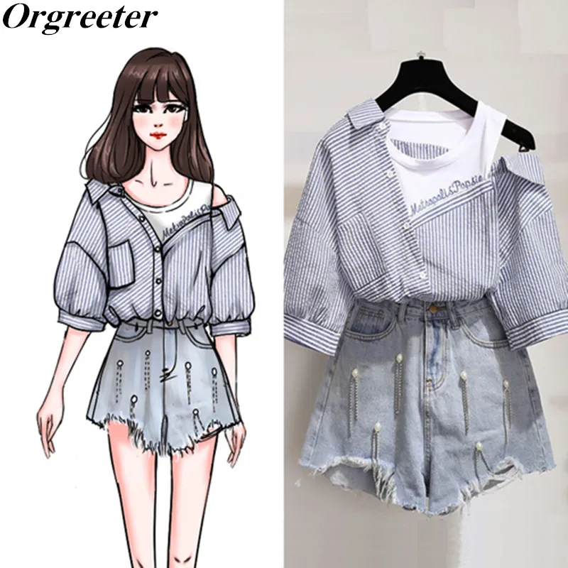 Женский джинсовый костюм из двух предметов летние милые корейские Топы в полоску