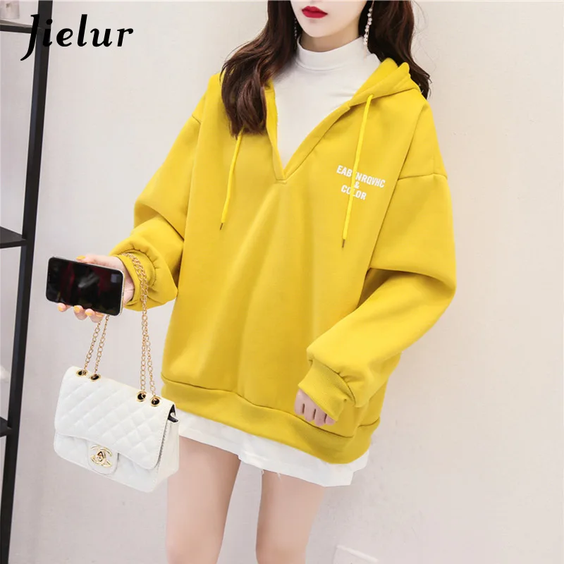 Jielur Hoodies Women Warm Autumn Winter New Fake Two Pieces Sweatshirt Loose Chic Korean Hoodie Femme Sudadera Mujer M-XXL | Женская