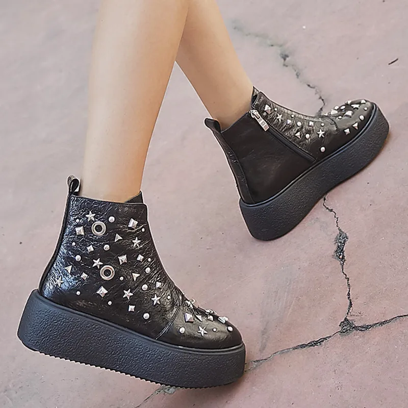 Buonoscarpe 2019 New Leather Martin Boots Retro Flat Autumn And Winter Ladies Bare Fashion Trend Roman Thick-soled | Обувь