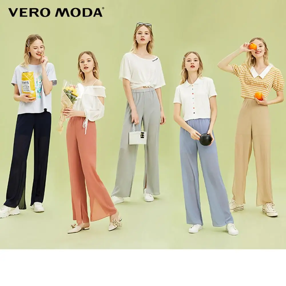 Vero Moda Women's Ins Style Loose Fit Straight Elastic Waist Streetwear Chiffon Pants | 3201PL501 Женская одежда