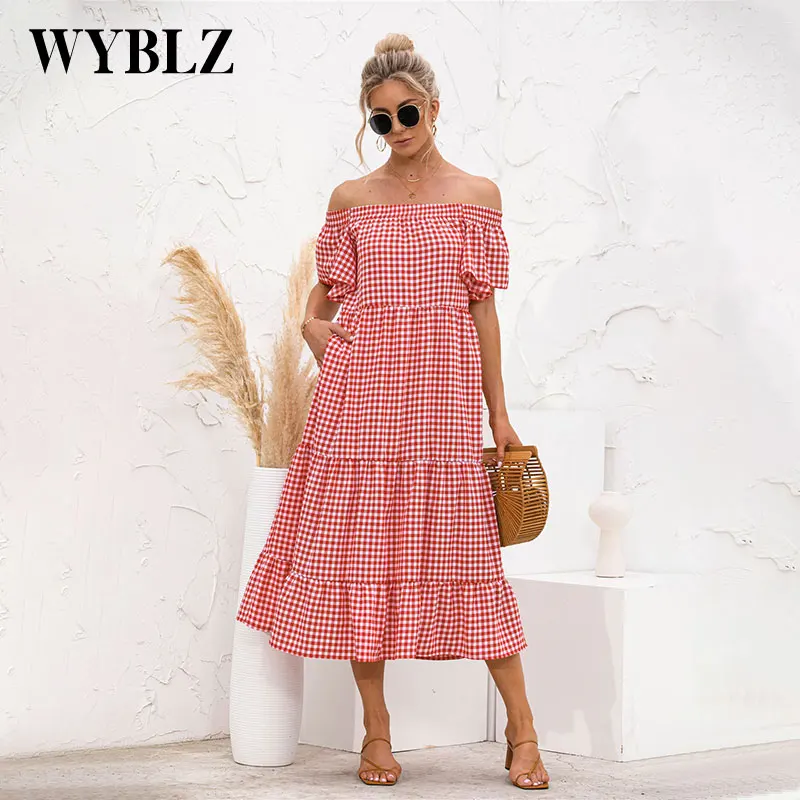 

Summer Dress Women Sexy Slash Neck Butterfly Sleeve Plaid Print Sundress Casual Loose Pleated Mid-Calf Dresses Femme Party Robe